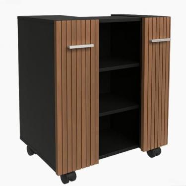 Imagem de Armário Premium para Lavatório de Coluna - Com 2 portas e rodízios, à prova de água, perfeito para casas de banho elegantes e arrumação eficiente (Preto/Ripado)