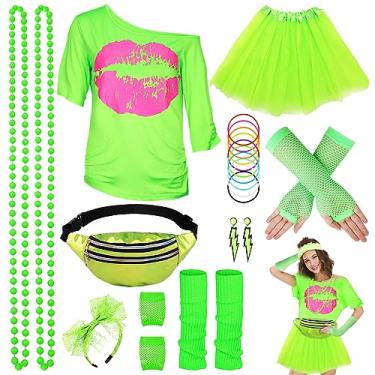 Imagem de WILDPARTY Acessórios de fantasia dos anos 80 para mulheres, camiseta tutu pochete faixa de cabeça brinco colar luvas arrastão polainas, Verde, M