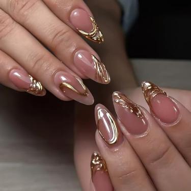 Imagem de RUOKEXIN Unhas postiças de comprimento médio, unhas postiças douradas com glitter e desenhos 3D, unhas artificiais brilhantes, cola acrílica, prensa de unhas, 24 peças