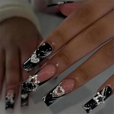 Imagem de RTKHFZE Pregos longos pretos, ponta francesa, pretos, pretos, pretos, acrílicos, náilas, prensas com berloques 3D, pretas, cobertura total, para mulheres, 24 peças