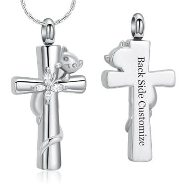 Imagem de AIWENXI Joias de cremação cruzada, gato, borboleta, urna, colares para homens e mulheres, aço inoxidável, memorial para animais de estimação, pingente, lembranças, joias, presentes, Aço inoxidável