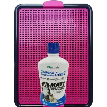Imagem de Kit Higiene Banheiro Canino Com Grade Removível Sanitário 52 cm x 42 cm e Shampoo Pet 6 em 1 Antipulgas e Atóxico (Rosa)