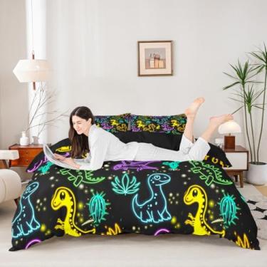 Imagem de Conjunto de capa de edredom de dinossauro, luz neon, colorido, tamanho casal, animais brilhantes, 3 peças para decoração de quarto de crianças, meninos, meninas, arco-íris, estrelas, capa de edredom