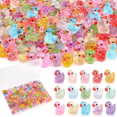Imagem de 200 peças de mini animais de resina fofos coloridos glitter minúsculos patos, figuras em miniatura para esconder, pequenos acessórios de animais a granel para topper jardim casa de bonecas, ornamentos
