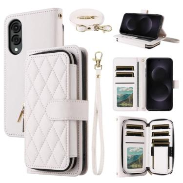 Imagem de Dswteny Argyle Capa carteira para Samsung Galaxy S25 Edge com alça de ombro de pulso, couro PU, suporte para cartão de crédito, acessórios para celular S25Edge 25S S 25 25Edge mulheres meninas branca
