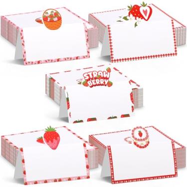 Imagem de Epakh 100 peças de cartões de morango para chá de bebê a granel configuração de cartão de nome de festa configuração de mesa de barraca dobrável para frutas fofas, aniversário, jantar, recepção, mesas