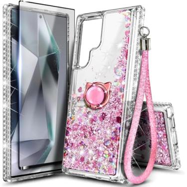Imagem de Capa NGB projetada para Samsung Galaxy S24 Ultra, ouro rosa | Capa fofa com glitter líquido brilhante | com protetor de tela, suporte de anel e alça de pulso para mulheres, meninas e crianças