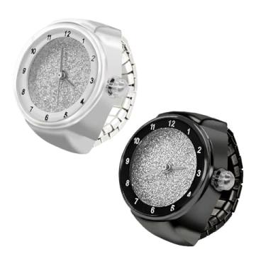 Imagem de Weicam 2 peças de relógios unissex simples com anel de dedo elástico, mostrador redondo, analógico, quartzo, relógio de pulso para casal