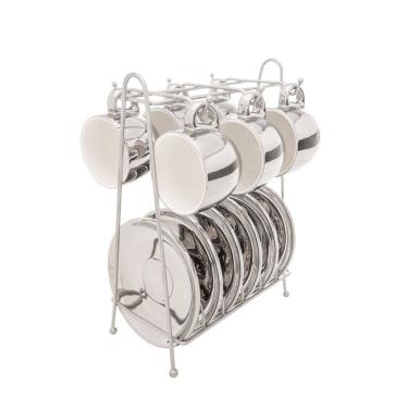 Imagem de Jogo 6 Xícaras Café 90ml Porcelana Prata Com Suporte Versa Wolff