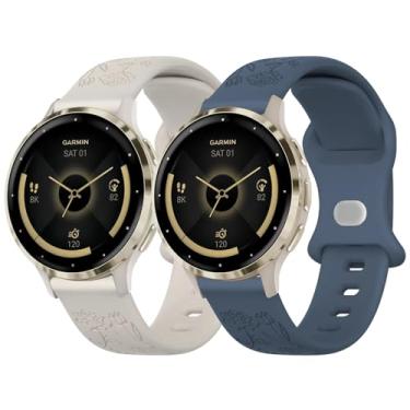 Imagem de Pulseira floral de 18 mm para relógio Garmin Venu 3s, pulseira de silicone de liberação rápida para Garmin Venu 2s/Vivoactive 4s (pacote com 2, marfim/azul)