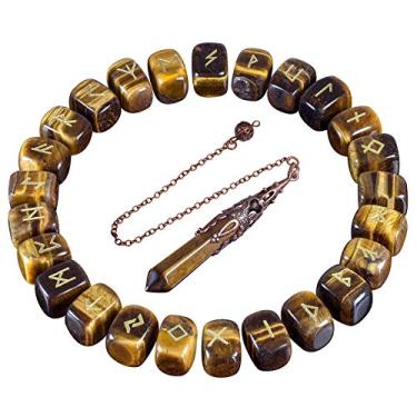 Imagem de mookaitedecor Conjunto de pedras de runas de olho de tigre e pêndulo de cristal de 6 factos para o equilíbrio da meditação da adivinhação
