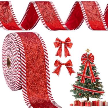 Imagem de Whaline Fita de Natal com borda com fio vermelho glitter hortelã-pimenta doce tecido fita artesanal para árvore de Natal, guirlanda de presente festa de Natal, decoração de casa, 6 cm, 15 jardas