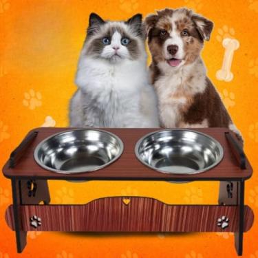 Imagem de Comedouro Elevado Duplo em MDF - Postura Saudável, Tigelas de Aço Inoxidável e Design Ergonômico para Cães e Gatos (Tabaco,P)