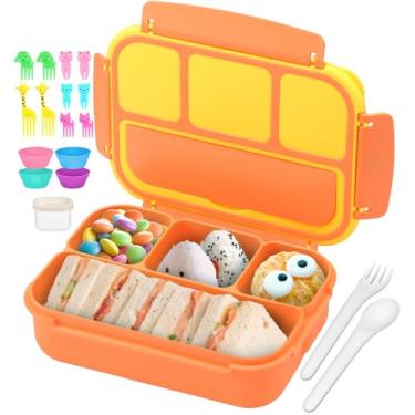 Imagem de QQKO Caixa Bento para crianças e adultos, lancheira infantil escolar para meninos e meninas, recipientes com 4 compartimentos, recipiente para molhos, utensílios, palitos de comida e copos de muffin