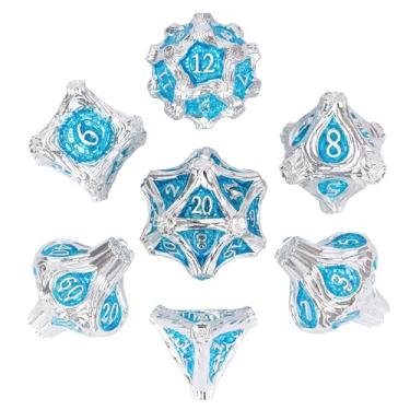 Imagem de HDdais 7 Piece Metal D&D Dice Set with Leather Bag, Silver Metal DND Dice for Role Playing Game and Board Game