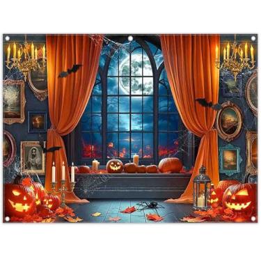 Imagem de ZTHMOE Tecido 2,4 x 1,8 m Dia das Bruxas Assustador Noite Janela Fotografia Pano de Fundo Assustador Lua Cheia Abóboras Morcegos Molduras de Terror para Crianças Adultos Decorações de Festa Adereços