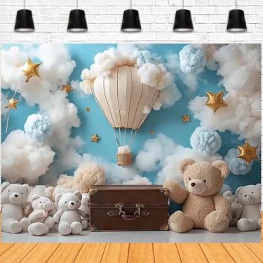 Imagem de Desenho animado balão de ar quente nuvens estrela aventura fotografia fundo para meninos chá de bebê crianças 1º aniversário decoração de festa de aniversário urso viagem newbown cenário bolo de