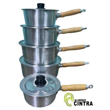 Imagem de Jogo De Panelas Aluminio Grosso Polido Cabo Madeira Modelo antigo 5 pe