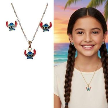 Imagem de Kit Conjunto Colar e Brincos Personagem Disney com Pingente Stitch Angel Lilo Labubu Folheado Ouro Dourado Antialérgico
