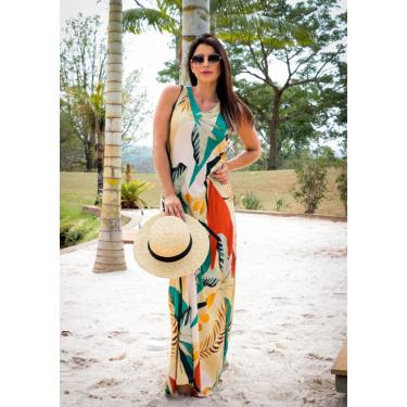 Imagem de Vestido Longo Pau a Pique Estampado Mostarda e Verde