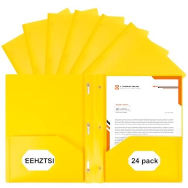 Imagem de EEHZTSI Pacote com 24 pastas de plástico com bolsos e pontas, pastas de 2 bolsos com 3 fixadores, comporta papel de 21 cm x 28 cm para escola, escritório/casa, amarelo