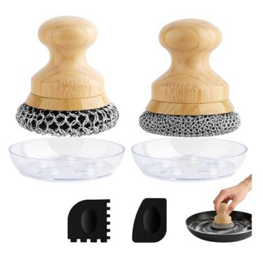 Imagem de Esfregão para panela de ferro fundido, limpador de panela com 2 raspadores, escova de limpeza de correio de corrente para pratos, panelas, frigideiras, grelhas (corrente pequena e grande, 2 peças)