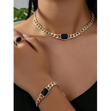 Imagem de Colar de gargantilha grossa banhada a ouro e conjunto de joias vintage étnico bracelete anel corrente cubana corrente clavícula punk hip-hop acessórios estilo retrô presente de festa para mulheres