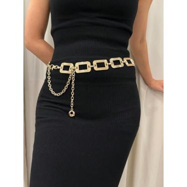 Imagem de Corrente feminina quadrada listrada dourada para vestidos, calças, ternos, jantares e casamentos, Medium, latão, Sem Pedra Preciosa