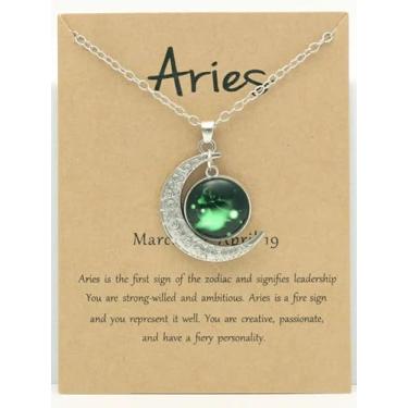 Imagem de Astrologia 12 constelações signo do horóscopo galáxia crescente colar com pingente de meia lua, One Size, Vidro, Sem Pedra Preciosa