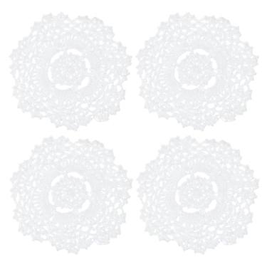 Imagem de Rolos de crochê de 14 cm, 4 peças, jogo americano redondo feito à mão, de crochê, para mesas, casamento, cozinha, sala de jantar, decoração de festa, branco