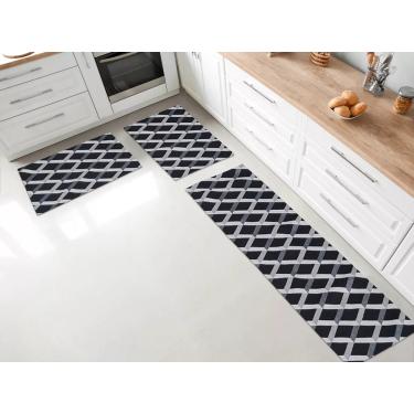 Imagem de Kit Tapetes E Passadeira Antiderrapante Para Cozinha Cor Losangos Preto