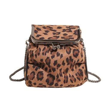 Imagem de Bolsa tiracolo pequena de camurça leopardo com estampa de guepardo, camurça sintética, com fecho de beijo, bolsa de mão para noite com corrente, Marrom