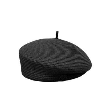 Imagem de Chapéu feminino de palha fina com letras Fedoras Boina casual pintor elegante retrô chapéu de turismo de verão preto tamanho médio 55-57 cm