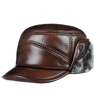 Imagem de Chapéus bomber masculinos espessos de inverno à prova de vento quente chapéu de couro genuíno boné de pele sintética marrom 60 61 cm