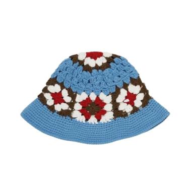Imagem de Chapéu feminino de algodão sólido panamá boné de sol dobrável chapéu de crochê oco tricô multicolorido chapéu balde azul 54-58 cm