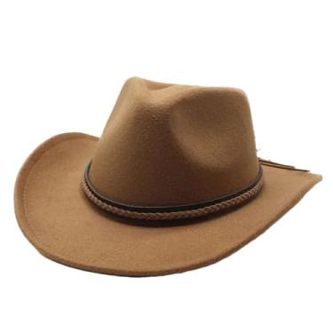 Imagem de Chapéu de cowboy masculino de aba enrolável com chapéu de caubói cavalheiro de couro boné de igreja sombrero marrom claro 56-58 cm