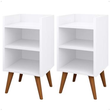 Imagem de Kit 2 Mesas de Cabeceira - Retrô – Funcionais com Nicho, Porta Celular e Pés Palito(KIT BRANCO)