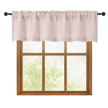 Imagem de OWENIE 1 peça de sanefa rosa blush para janelas, cortina pequena com filtro de luz texturizada para casa de banho, porão e sala de estar, meia cortina com bolso para varão sobre a pia, 152 cm L por 40