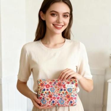 Imagem de Bolsa de maquiagem feminina, bolsa cosmética de grande capacidade para viagens, organizador de higiene pessoal com zíper, Mini flores vibrantes
