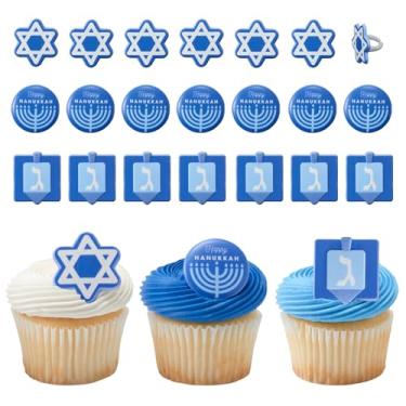 Imagem de DecoPac Toppers de cupcake de Hanukkah | 24 decorações de bolo, menorá, dreidel, estrela de Davi | azul e branco, seguro para alimentos – pacote com 24