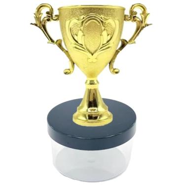 Imagem de Kit Lembrancinha Tema Futebol: Caixinha Acrílica Redonda + Mini Troféu Dourado Decoração Mimos Festa Campeão (10 Taça 10 Caixa Tampa Preta)