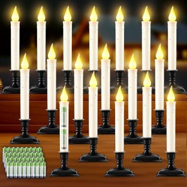 Imagem de Enhon Pacote com 18 velas de LED operadas por bateria, sensor de luz do crepúsculo ao amanhecer, com suportes pretos e ventosas, velas de janela de Natal marfim, chama cintilante âmbar (pilhas AA