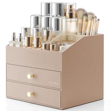 Imagem de Vlando Organizador de maquiagem para penteadeira, organizador de bancada de grande capacidade com gavetas, estojo de exibição de cosméticos de couro sintético para batom, pincéis, cuidados com a pele