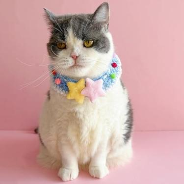 Imagem de Cachecol de malha para animais de estimação, toalha de baba para cães, babador de gato de lã, cachecol tecido à mão (lenço pentagrama de pelúcia azul)