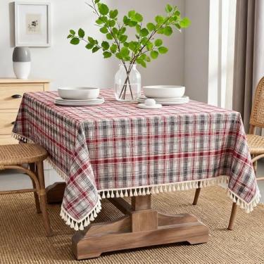 Imagem de Zdolmy Toalha de mesa listrada com borla, 100% algodão, toalha de mesa lavável, retangular, para jantar de cozinha decorativa (xadrez vermelho, 304,8 cm x 139,7 cm (retangular))
