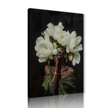 Imagem de Elegante mulher negra arte de parede menina com flor pôster bonito decoração de parede afro-americana arte impressa para casa moderna sala de estar quarto escritório decoração pronto para pendurar 61