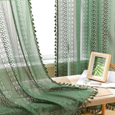 Imagem de Cortinas Boho Verde Escuro Farmhouse 96 polegadas de comprimento, 2 painéis, L 152 x C 236 cm, listras geométricas crochê padrão boho cortinas com borlas Rrod bolso privacidade filtro de luz cortina