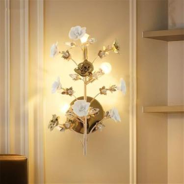 Imagem de Luminária de parede contemporânea em cerâmica com flor de rosa, LED, estilo campestre francês, criativa, para sala de estar, restaurante, quarto, casa de campo, corredor, cabeceira (F D25H55