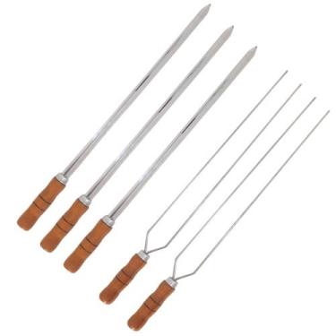 Imagem de Kit 5 Espetos Espada E Duplo Inox 70cm Com Cabo De Madeira - LAURINDOS