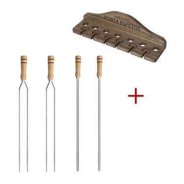 Imagem de Kit Churrasco Porta Espeto + 2 Espetos Duplo E 2 Espetos Simples 75cm